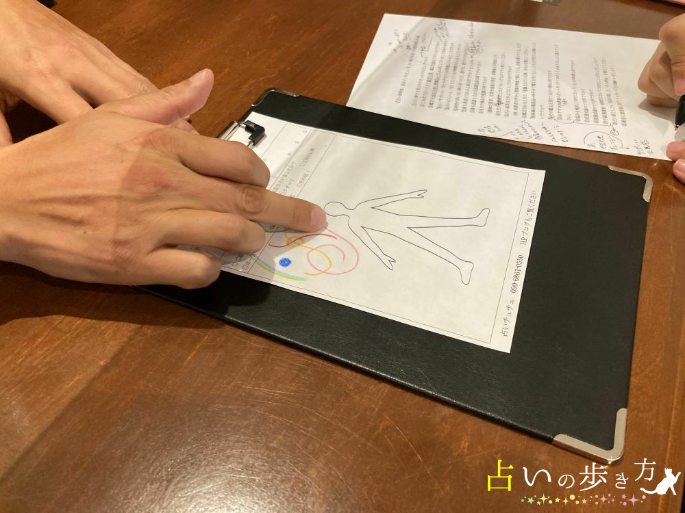 沖縄占いチュチュの楽氣(ラッキ)先生にオーラ鑑定の結果の説明を受けている画像
